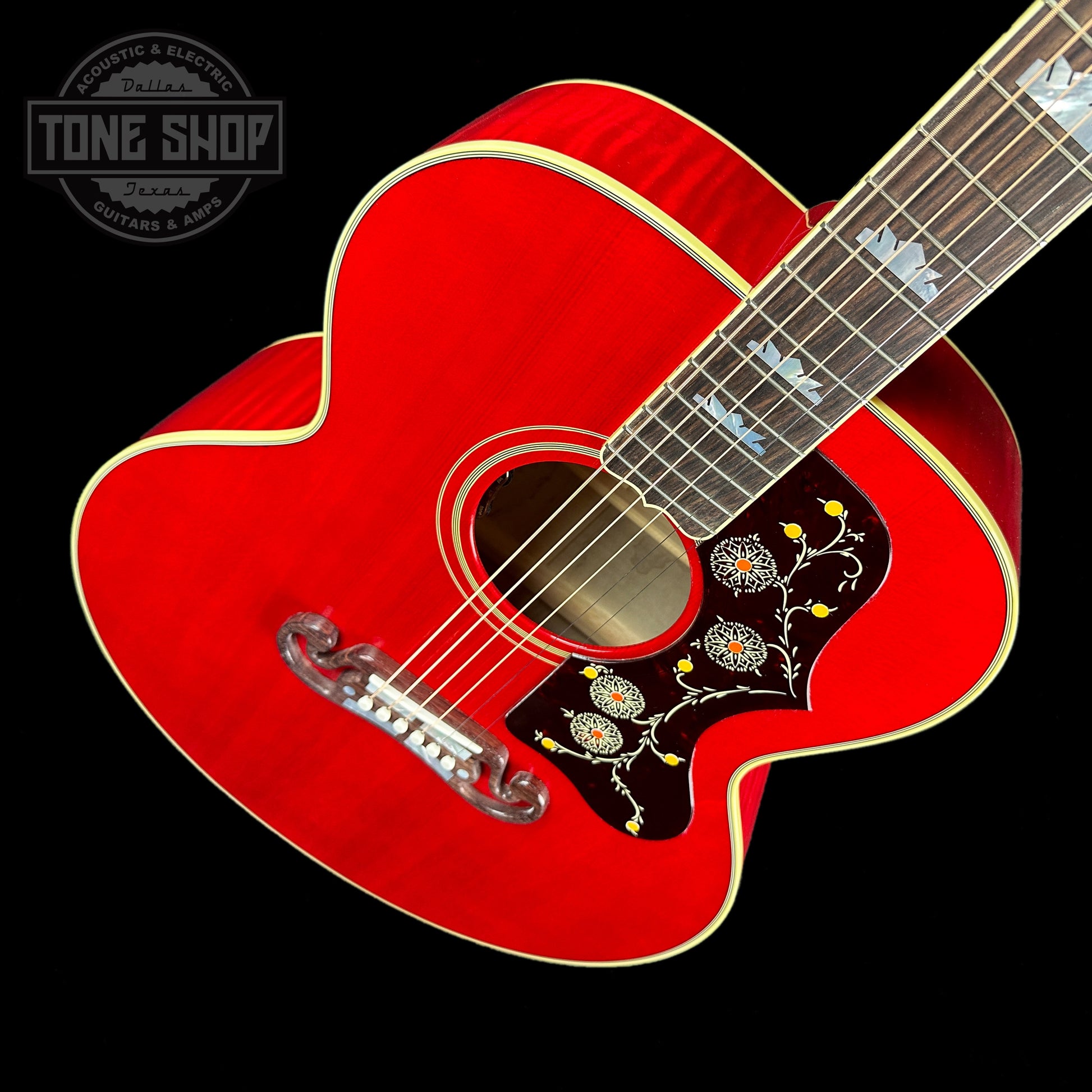 Front angle of Gibson Custom Shop M2M SJ-200 Original Cherry.