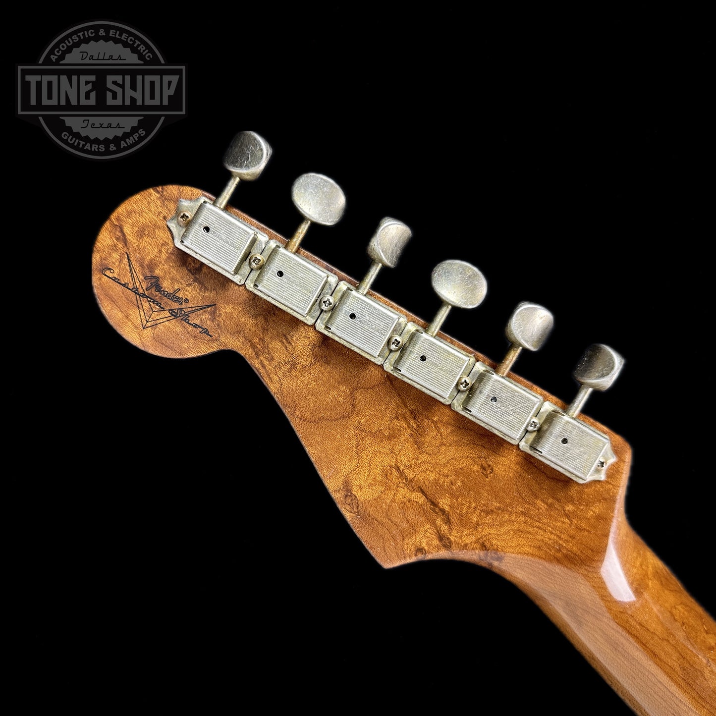 Back of headstock of Fender Custom Shop 1964 Stratocaster Journeyman Relic Chartreuse Sparkle.