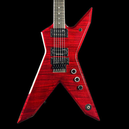 Front of body of Dean USA Dime Rebel Flame Top Trans Red.