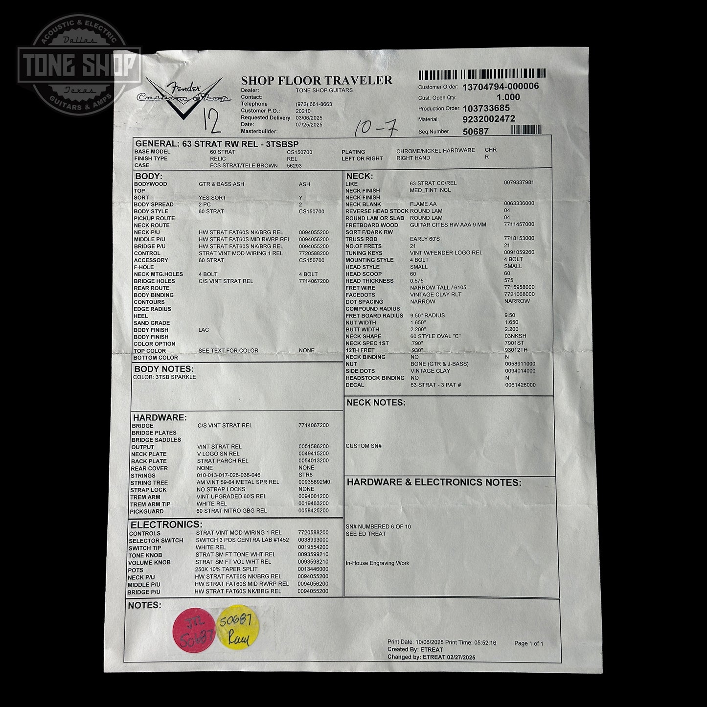 Fender shop floor traveler document on a white background