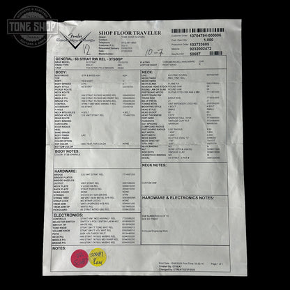 Fender shop floor traveler document on a white background
