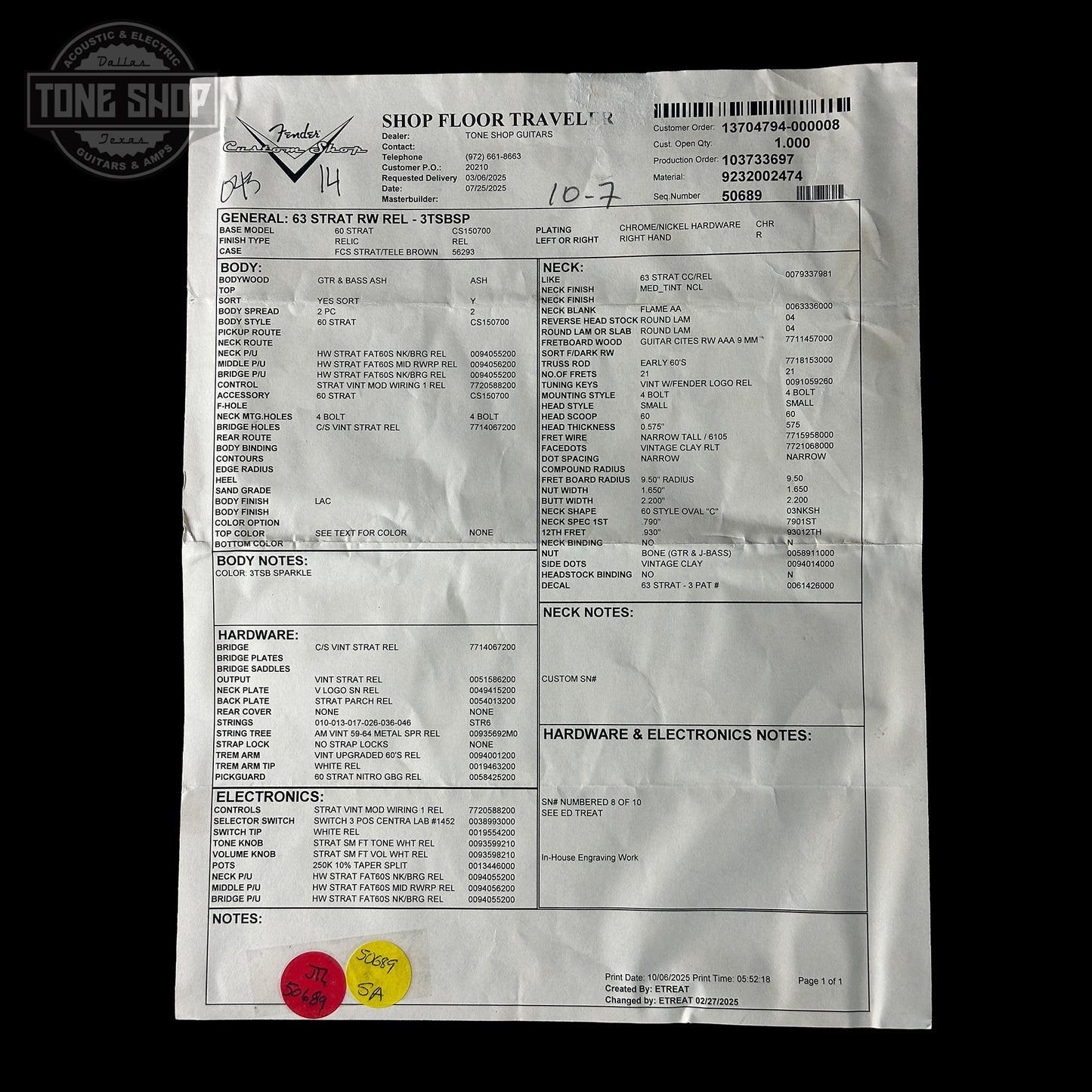 Fender guitar travel case label with detailed information on a white background