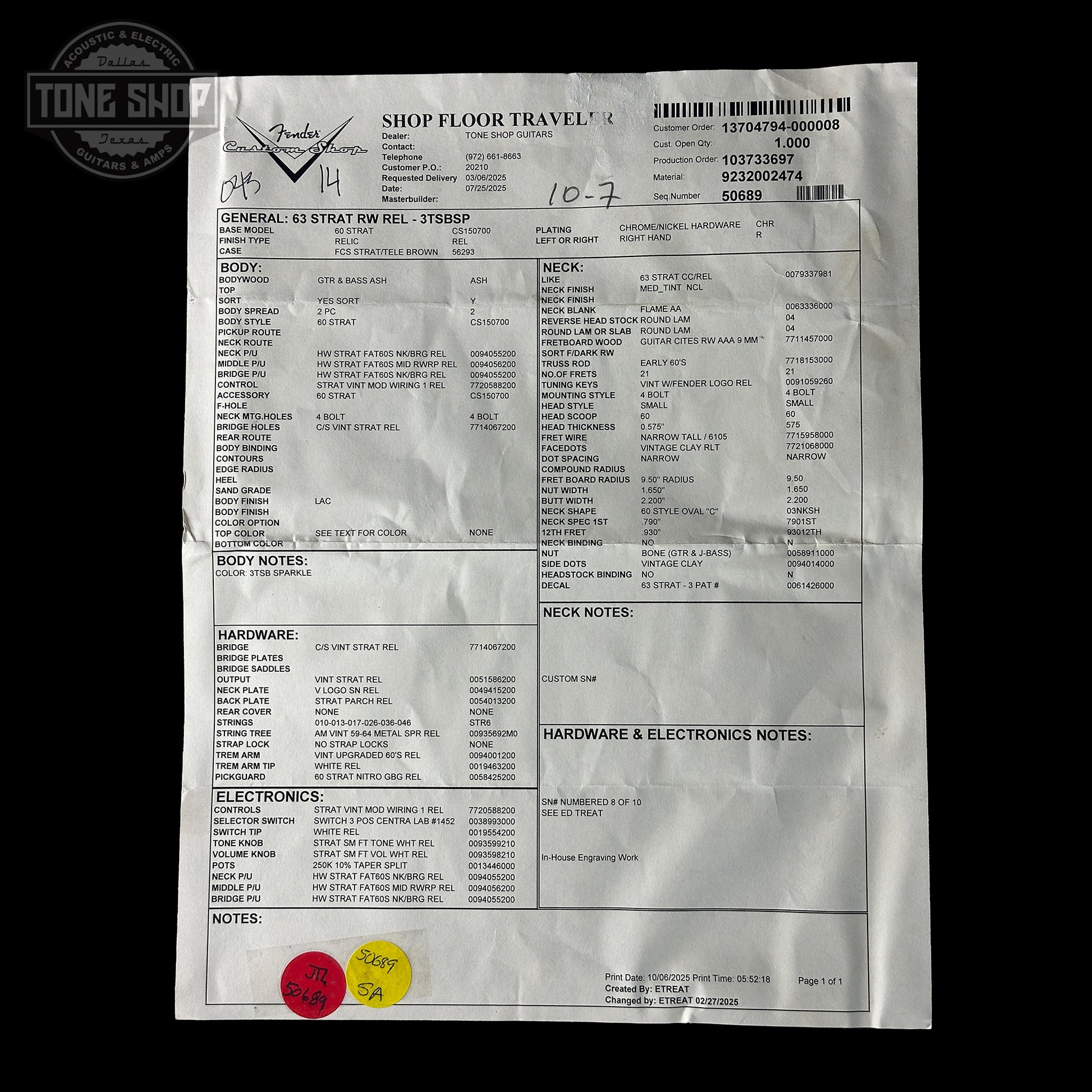 Fender guitar travel case label with detailed information on a white background