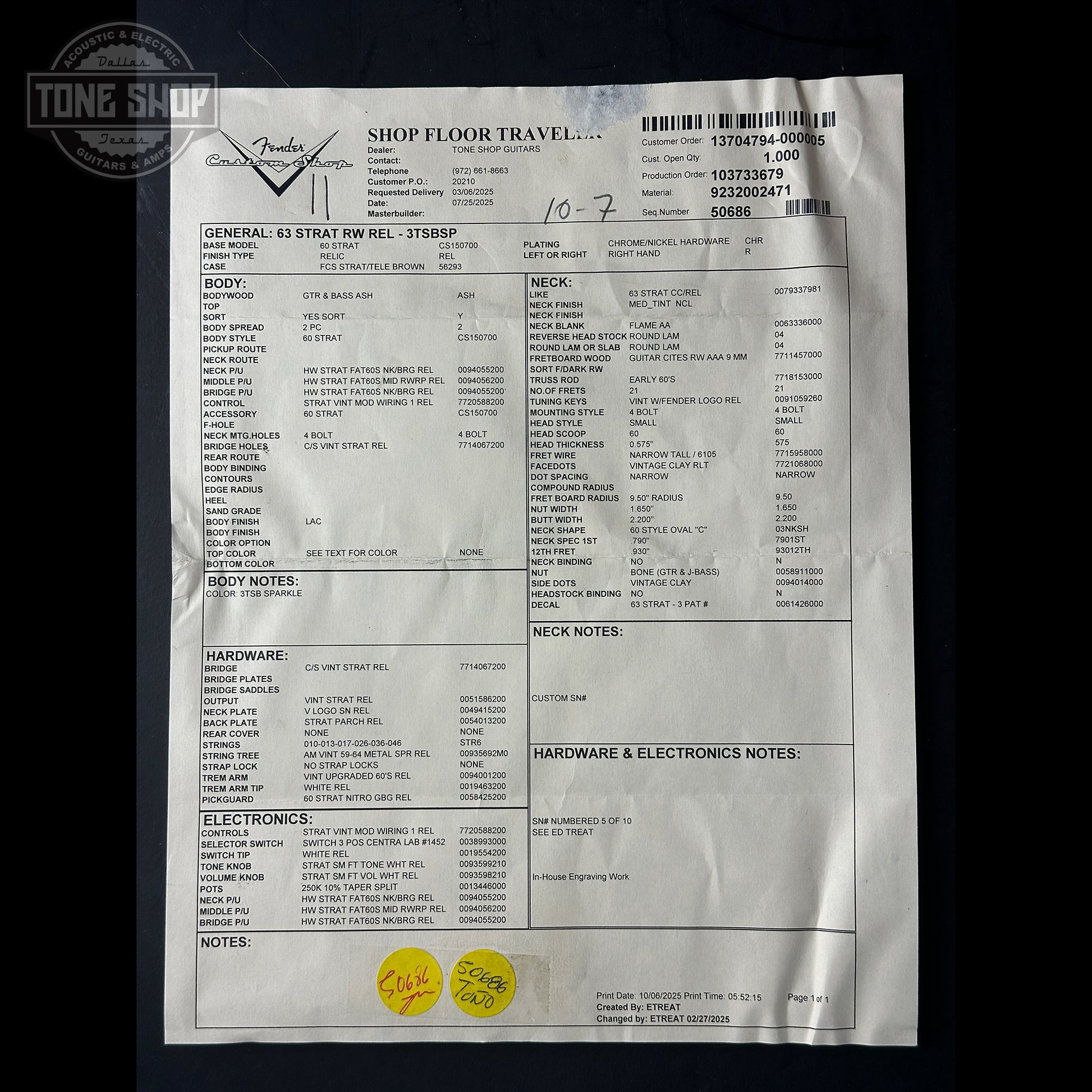 Fender shop floor travel sheet on a black background with 'Tone Shop' logo.