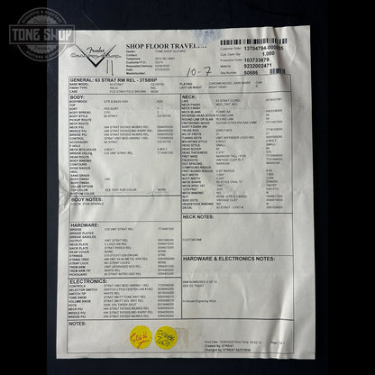 Fender shop floor travel sheet on a black background with 'Tone Shop' logo.