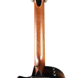Close-up of a guitar neck with a wooden finish on a white background