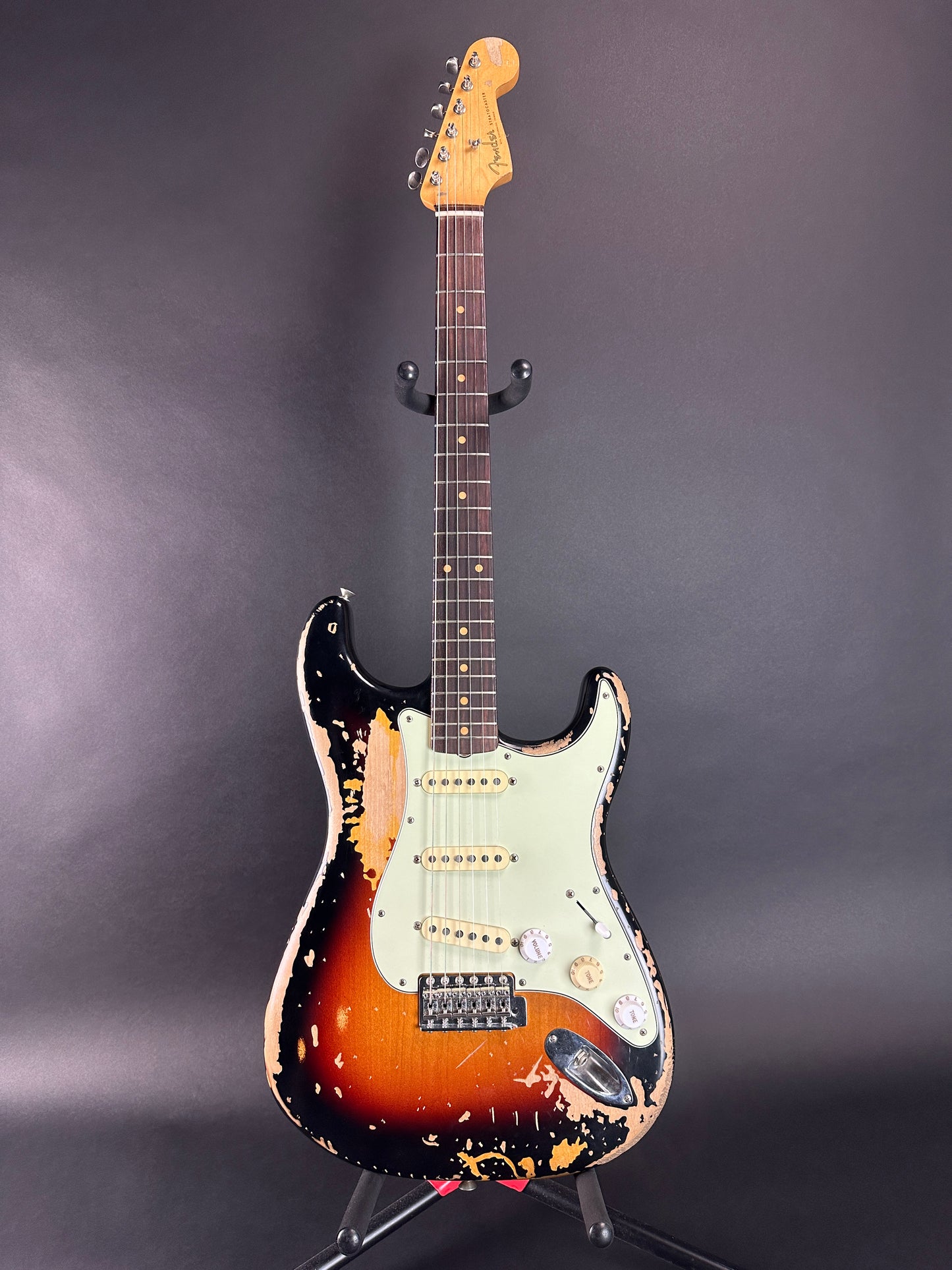 Full front of Used Fender Mike McCready Strat Relic 3 Color Sunburst.