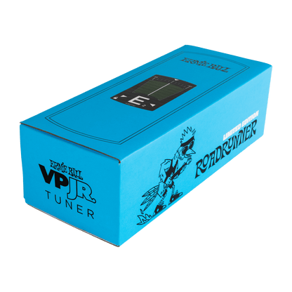 Front right angle of Ernie Ball VPJR Limited Edition Roadrunner Volume Pedal Junior Tuner box.