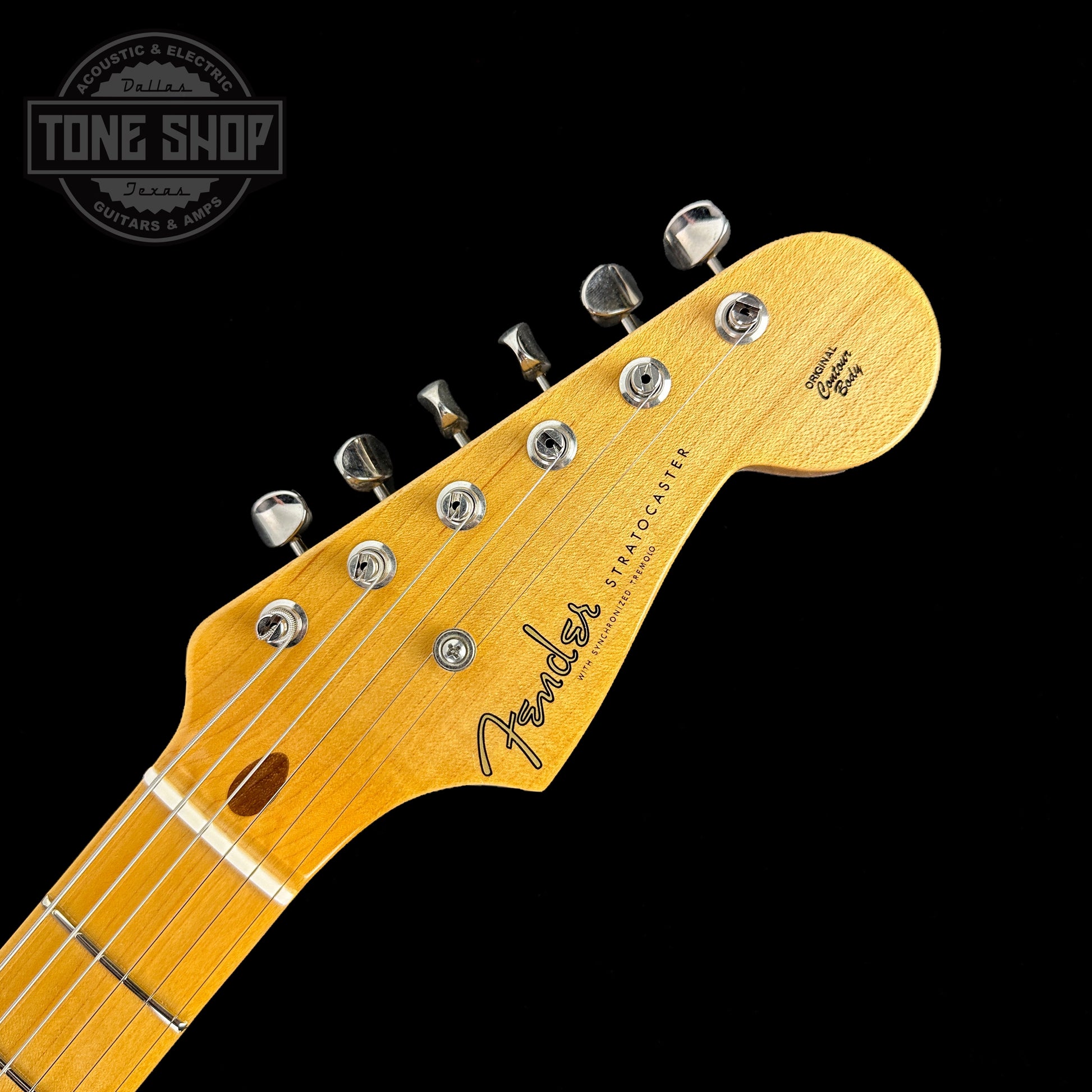 Front of headstock of Fender Custom Shop LTD 70th Anniversary 1954 Stratocaster Time Capsule 2-Color Sunburst.