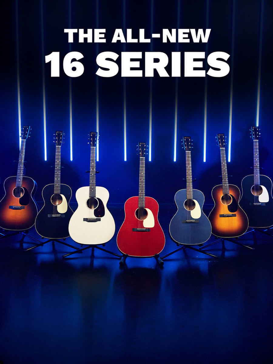 A group of Martin acoustic guitars in various finishes on stands against a black background with blue lights, with "the all new 16 series above them in white font.