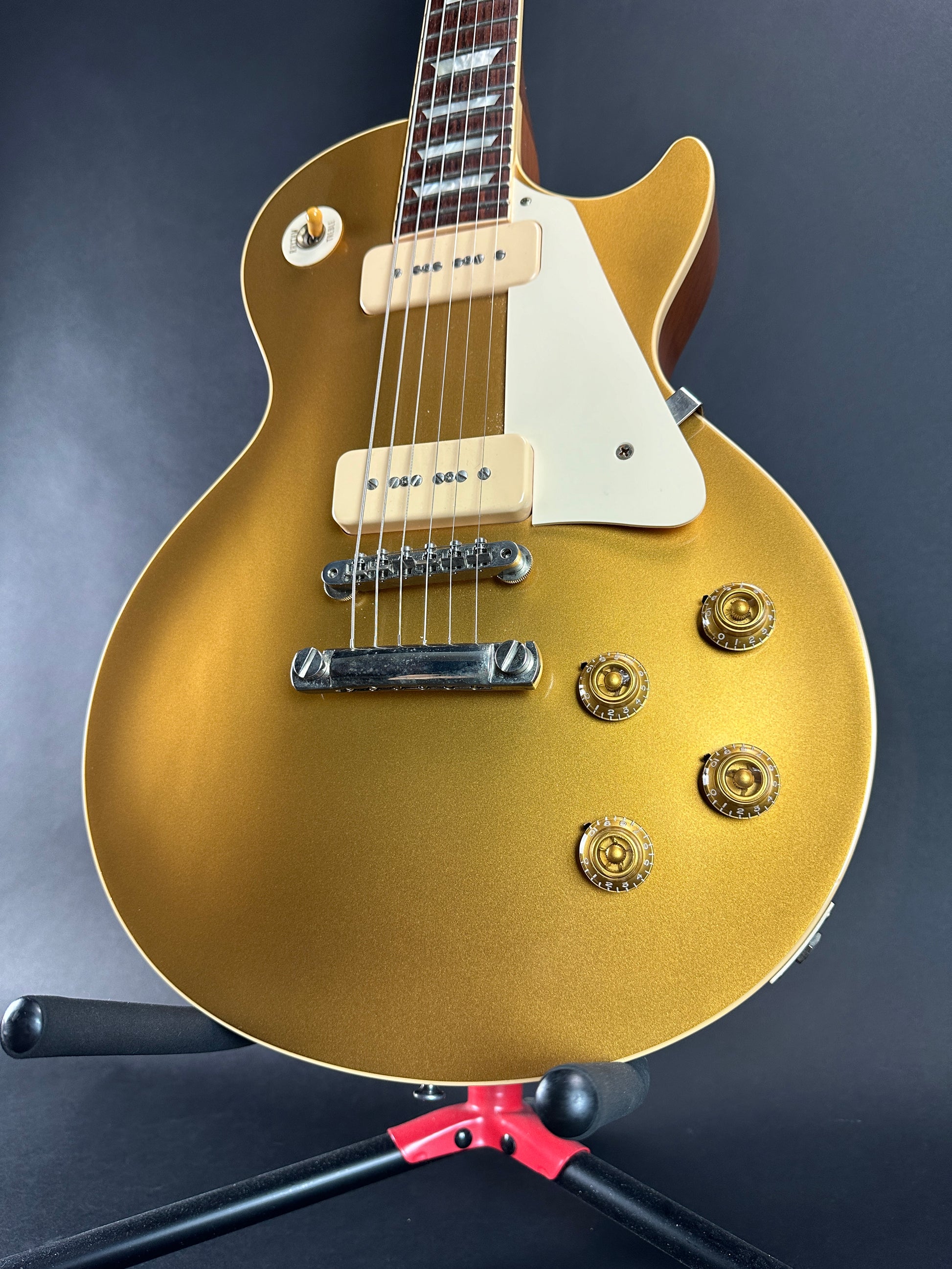 Front angle of Used 2007 Gibson Custom Shop 1956 Reissue Les Paul Gold Top.