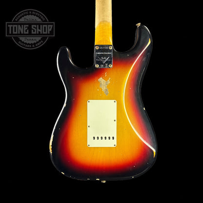 Back of body of Fender Custom Shop Limited Edition Late 64 Strat Relic Target 3 Color Sunburst.