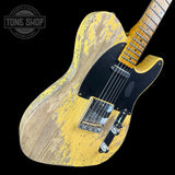 Front angle of Fender Custom Shop Time Machine '54 Tele Super Heavy Relic Super Faded Aged Nocaster Blonde.