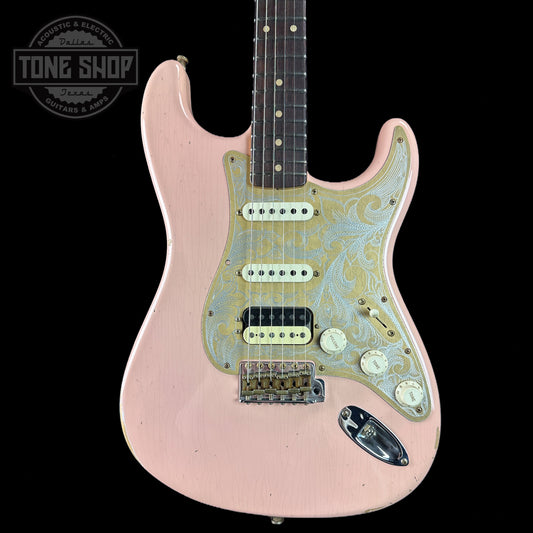 Front of body of Fender Custom Shop Limited Edition Tyler Bryant “PINKY” Strat Relic Rw Aged Shell Pink.