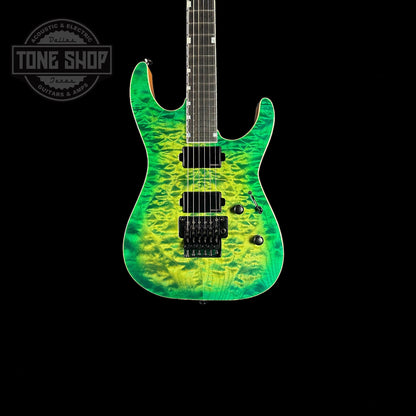 Front of body of ESP USA M-IIDX FR Floyd Rose Quilted Maple Lime Burst.