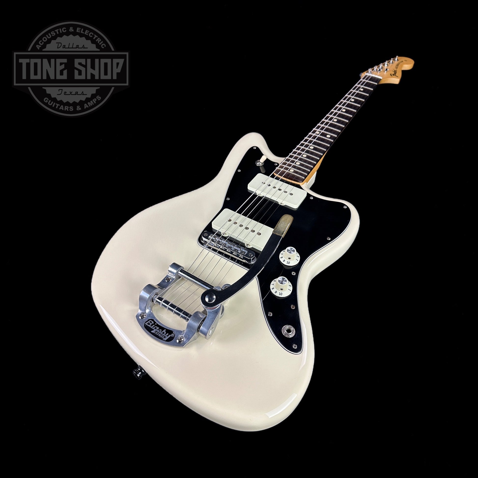Front angle of Used Fender Limited Edition American Performer Jazzmaster White w/ Bigsby.