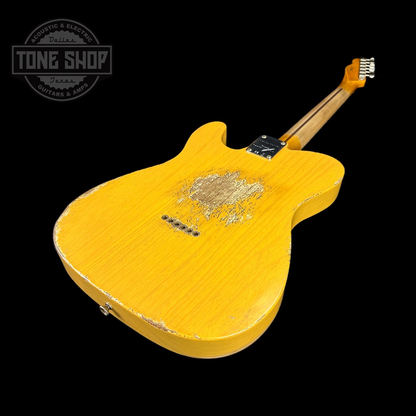 Back of body of Fender Custom Shop Limited Edition 53 HS Tele Heavy Relic Aged Butterscotch Blonde.