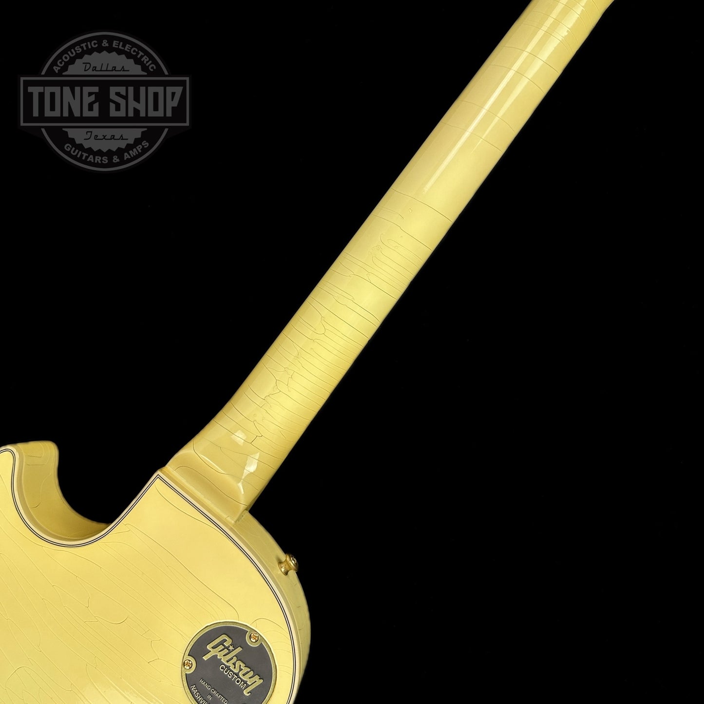 Back of neck of Gibson Custom Shop M2M 1968 Les Paul Custom Heavy Antique White Murphy Lab Light Aged GH.