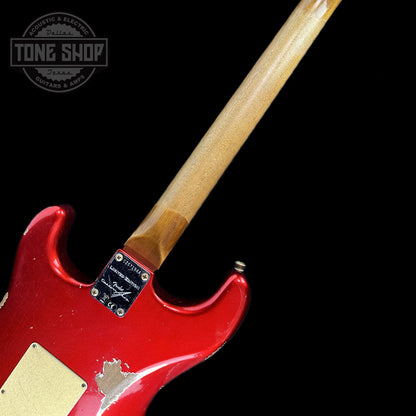 Back of neck of Fender Custom Shop 2023 Collection Ltd Roasted Big Head Strat Relic Aged Candy Apple Red.
