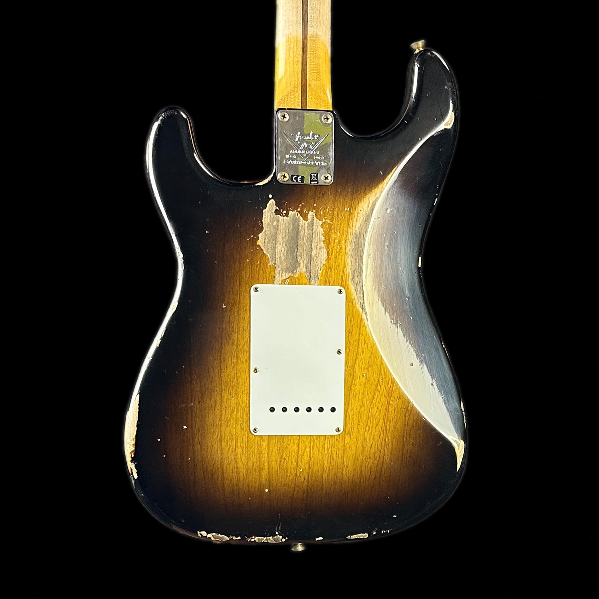 Back of body of Fender Custom Shop LTD 70th Anniversary 1954 Stratocaster Heavy Relic 2-Color Sunburst.