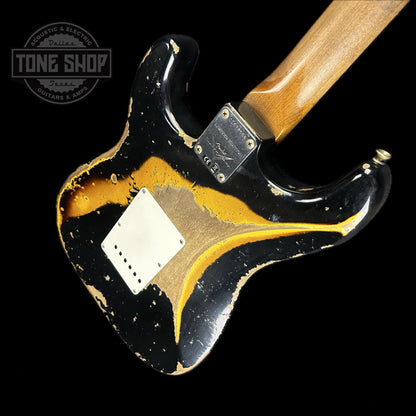 Back angle of Fender Custom Shop Limited Edition Roasted '60 Strat Super Heavy Relic Aged Black Over 3 Color Sunburst.