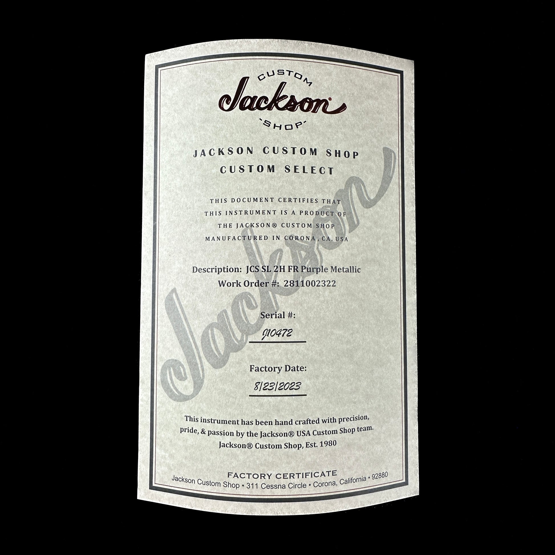 Certificate of authenticity for Jackson Custom Shop SL 2H Floyd Rose Purple Metallic.