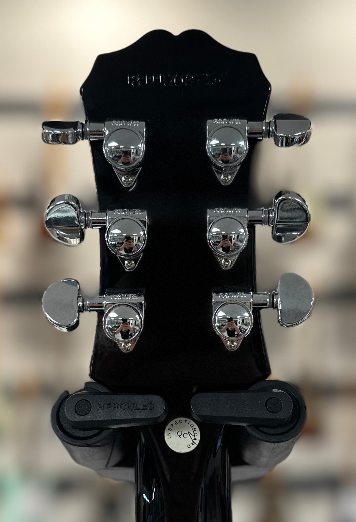 Back of headstock of Used 2018 Epiphone Les Paul Custom Pro Ivory Tuxedo w/Bigsby B7 w/Roller Bridge TSS4005