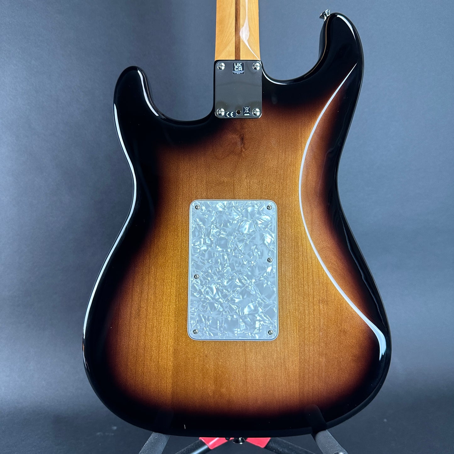 Back of body of Used Fender Dave Murray Strat Sunburst.