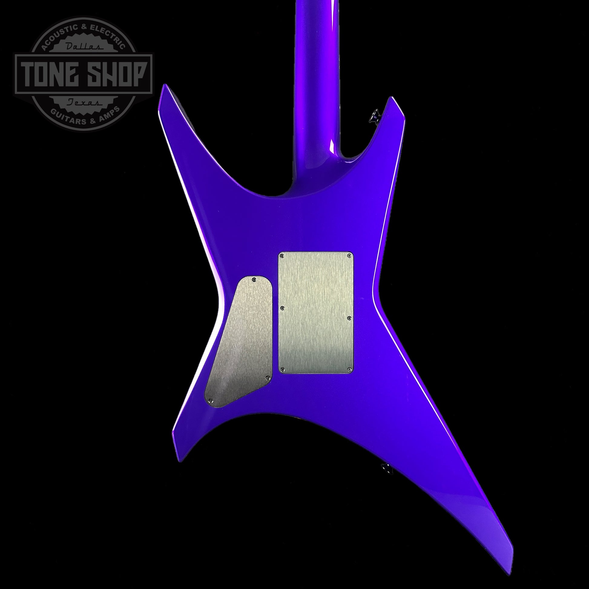 Back of body of Jackson Custom Shop Limited Edition Warrior NOS Purple Metallic.