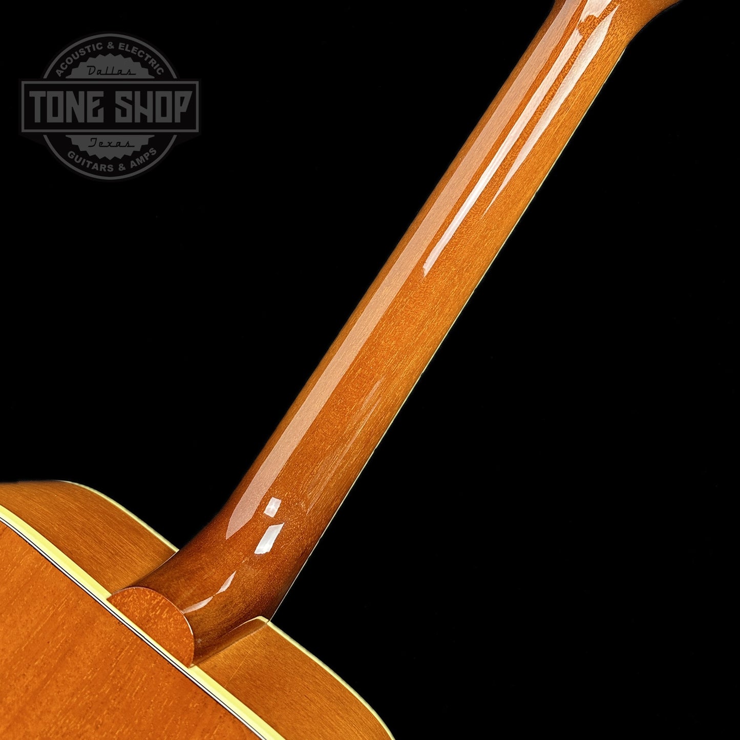 Back of neck of Gibson Custom Shop M2M Hummingbird Original Adj Red Spruce Top Heritage Cherry Burst.