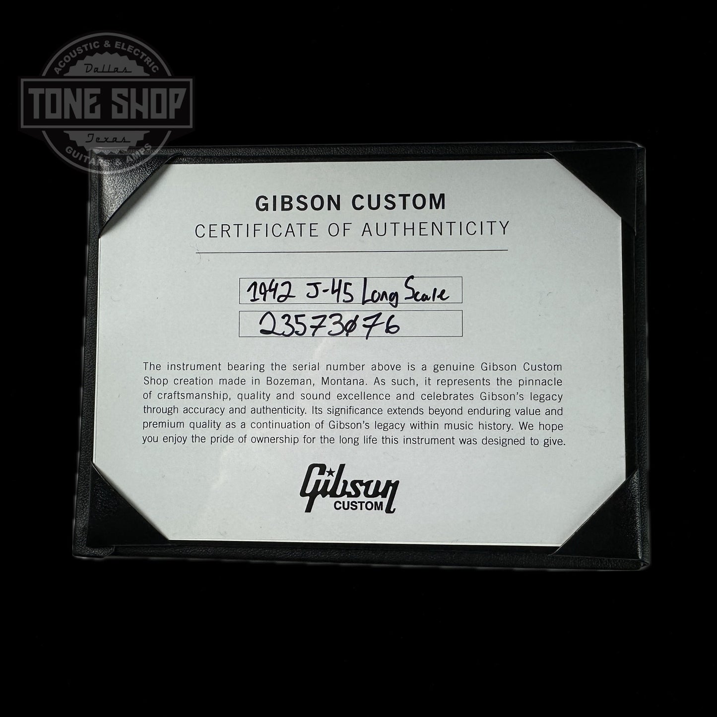 Certificate of authenticity for Gibson Custom Shop M2M 1942 Banner J-45 Long Scale Sunburst.