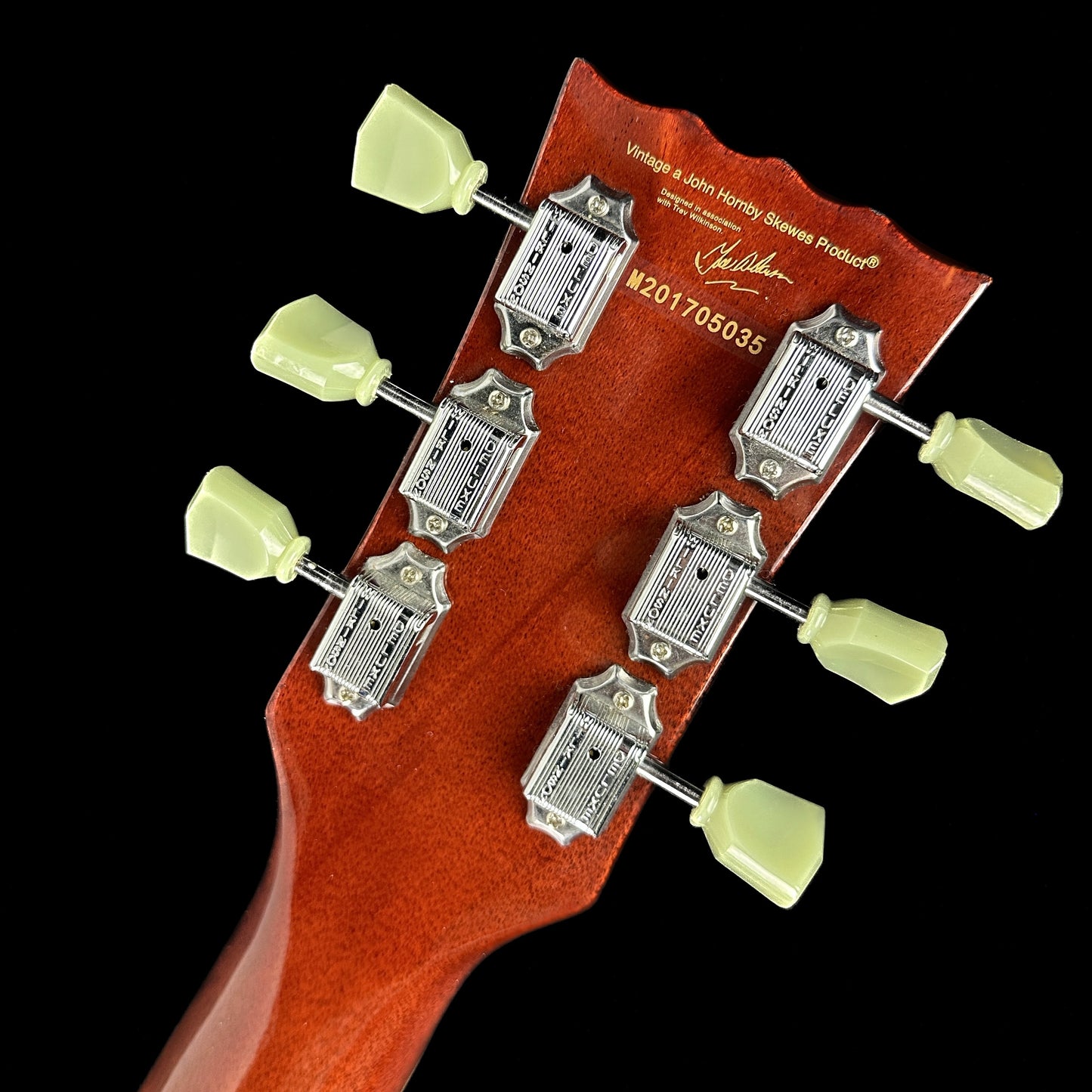 Back of headstock of Used Vintage VSA500HB Semi-hollow Gold Burst.