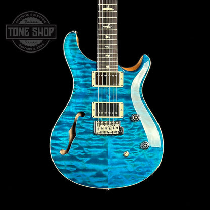 Front of body of PRS Paul Reed Smith CE24 Semi-Hollow Quilt Blue Matteo.