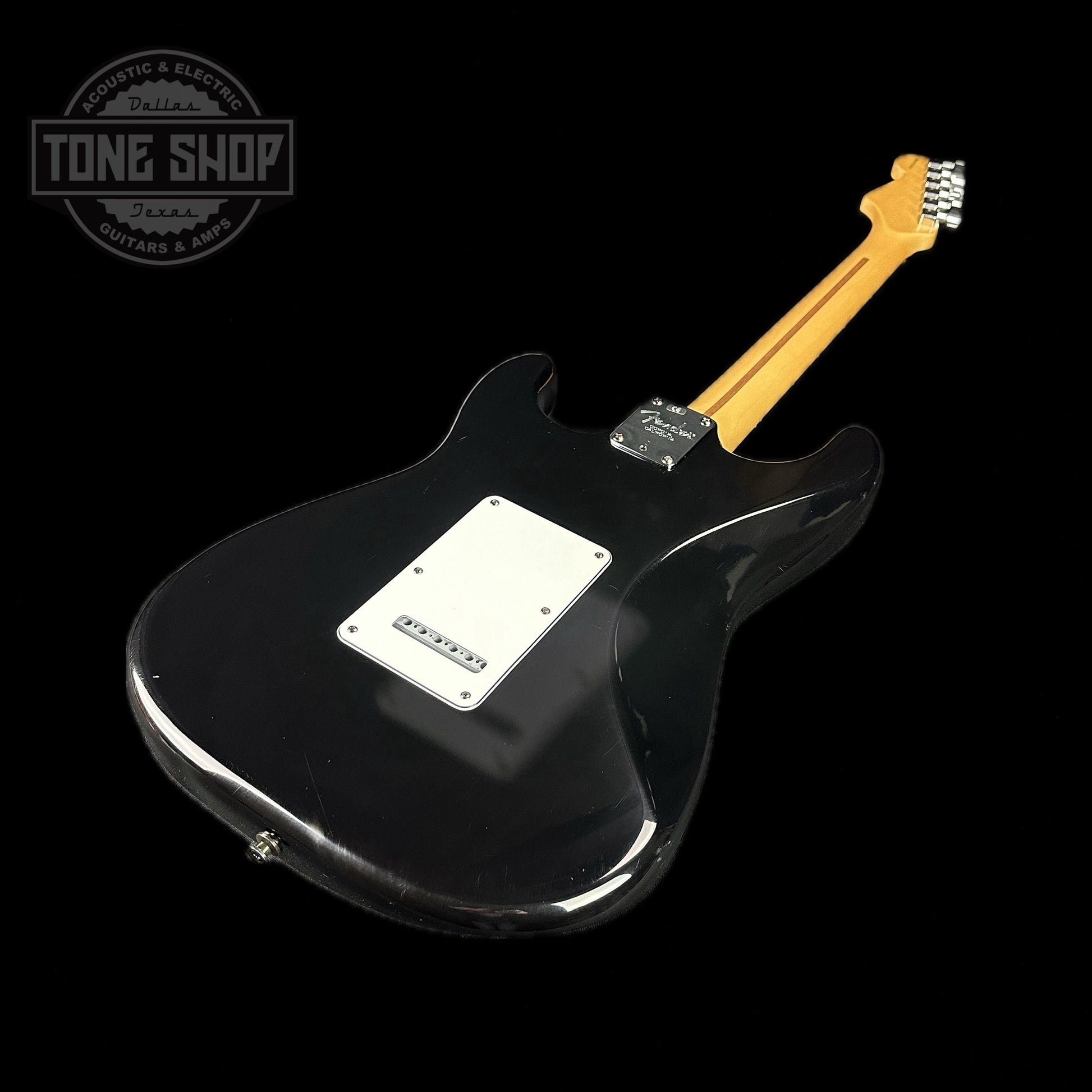Back angle of Used 1999 Fender American Standard Strat Black.