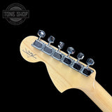 Back of headstock of Fender 1968 Stratocaster DLX Closet Classic Maple Neck Aged Vintage White.