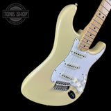 Front angle of Fender 1968 Stratocaster DLX Closet Classic Maple Neck Aged Vintage White.