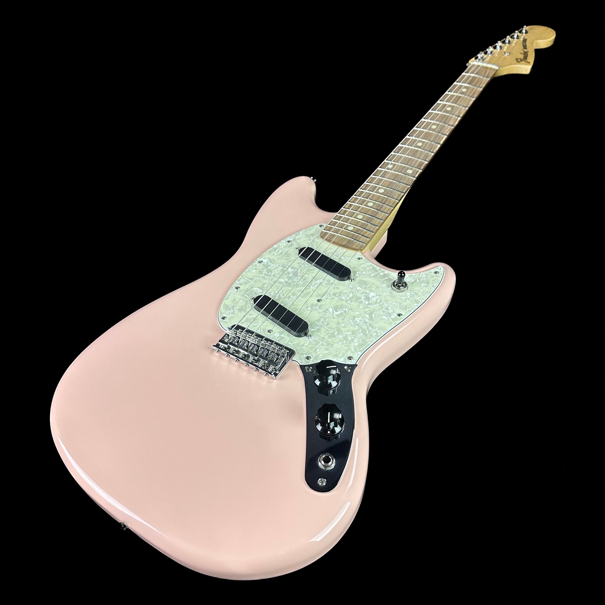 Front angle of Used Fender Player Mustang Shell Pink.