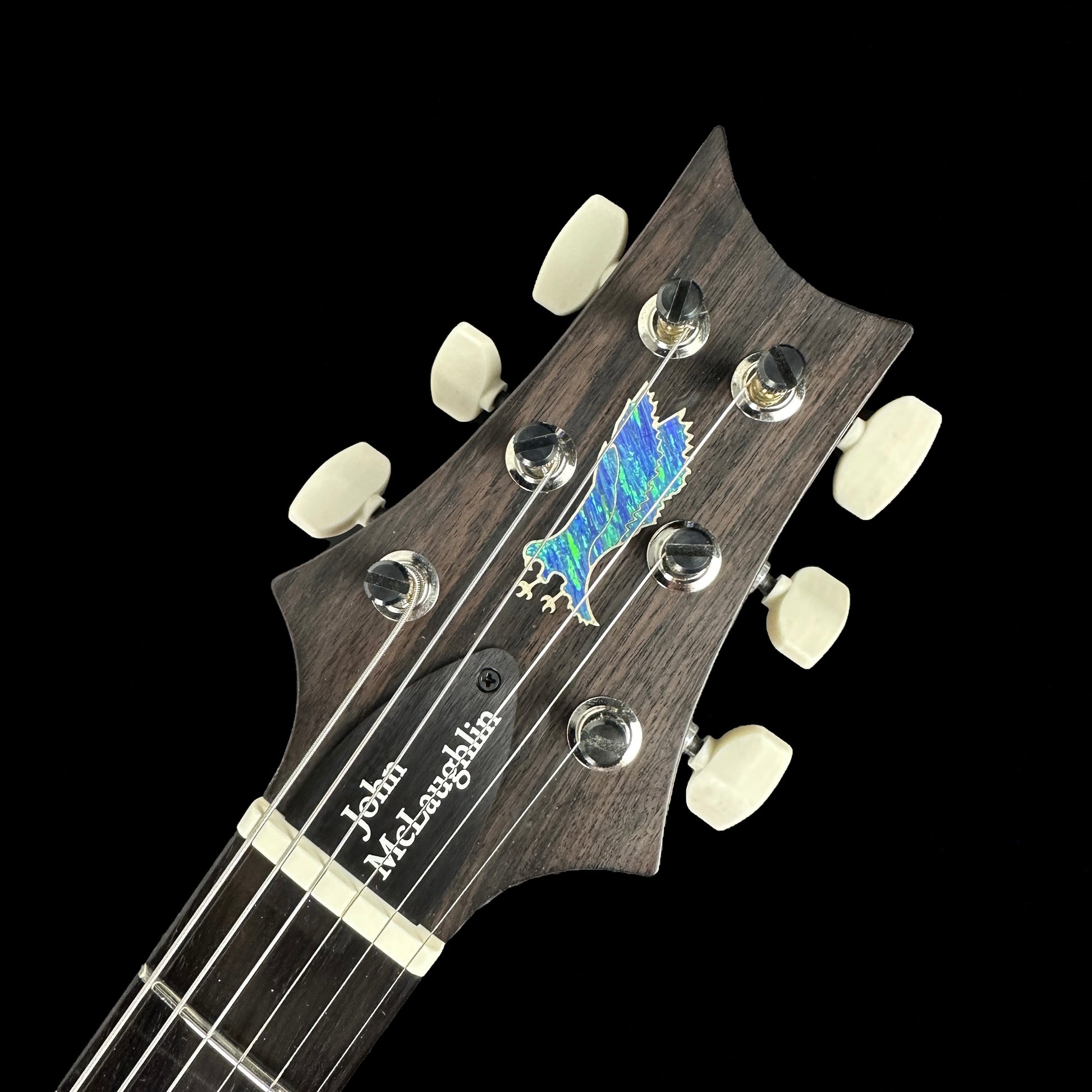 Front of headstock of PRS Private Stock John McLaughlin Limited Edition.