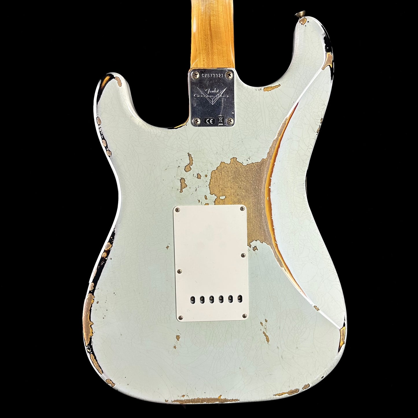 Back of Fender Custom Shop 1961 Strat Heavy Relic Super Faded Aged Sonic Blue/3-Color Sunburst.