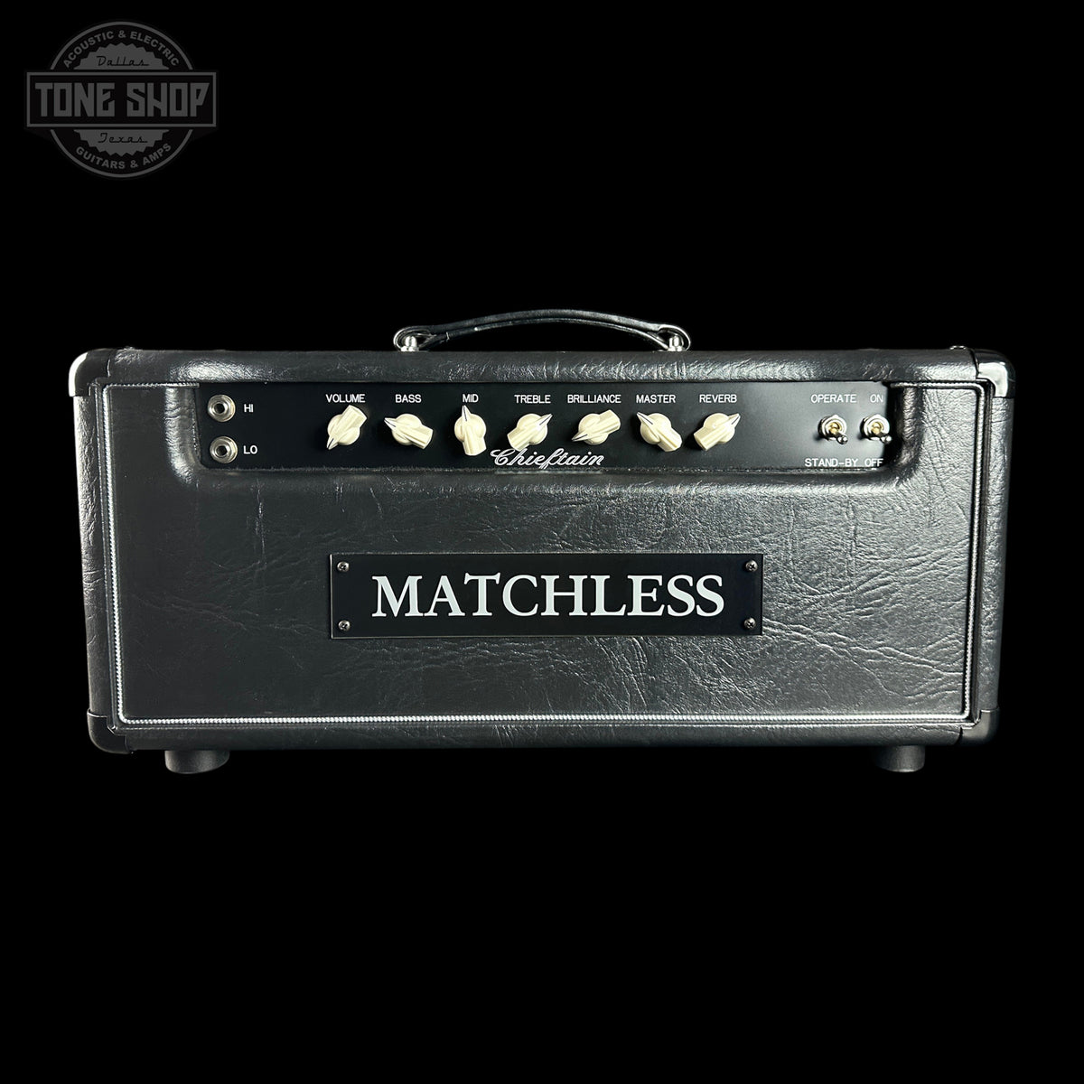 Front of Matchless Chieftain 40w Head w/reverb Black.