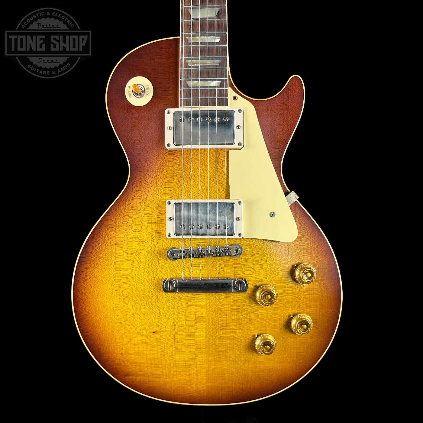 Front of Gibson Custom Dealer Select 1958 Les Paul Chambered Slow Iced Tea Fade VOS w/case 84910