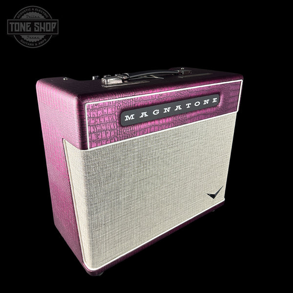 Guitar amplifier with purple and gray design, featuring Magnatone branding.