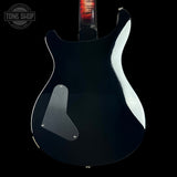Rear view of an electric guitar body in glossy black, showing a satin chrome pickguard and a white edge trim, photographed against a solid black background.