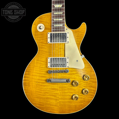 Front of Gibson Custom Dealer Select 1959 Les Paul Chambered Lemon Burst Heavy Aged