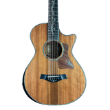 Acoustic guitar with a wooden finish on a white background