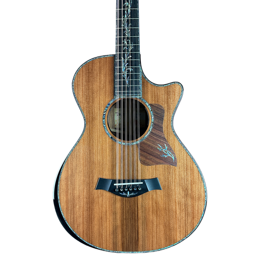 Acoustic guitar with a wooden finish on a white background