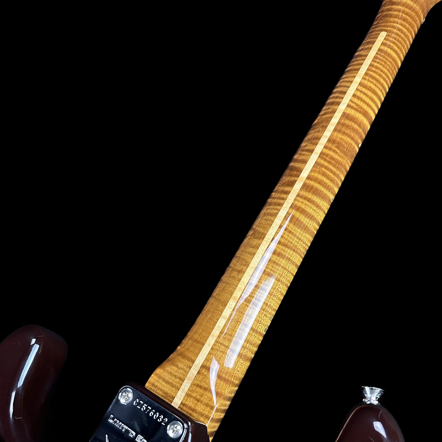 Back of neck of Fender Custom Shop Limited Edition Roasted Pine Chocolate 2 Tone Sunburst.
