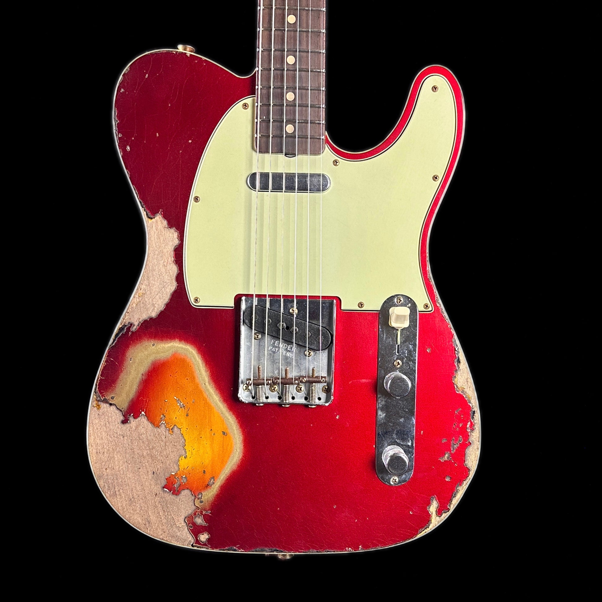 Front of body of Fender Custom Shop Limited Edition '60 Tele Custom Heavy Relic Aged Candy Apple Red/ 3-color Sunburst.