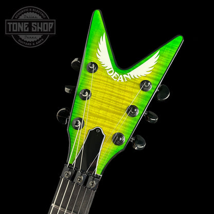 Front of headstock of Dean USA Custom Shop Dime ML Slime.