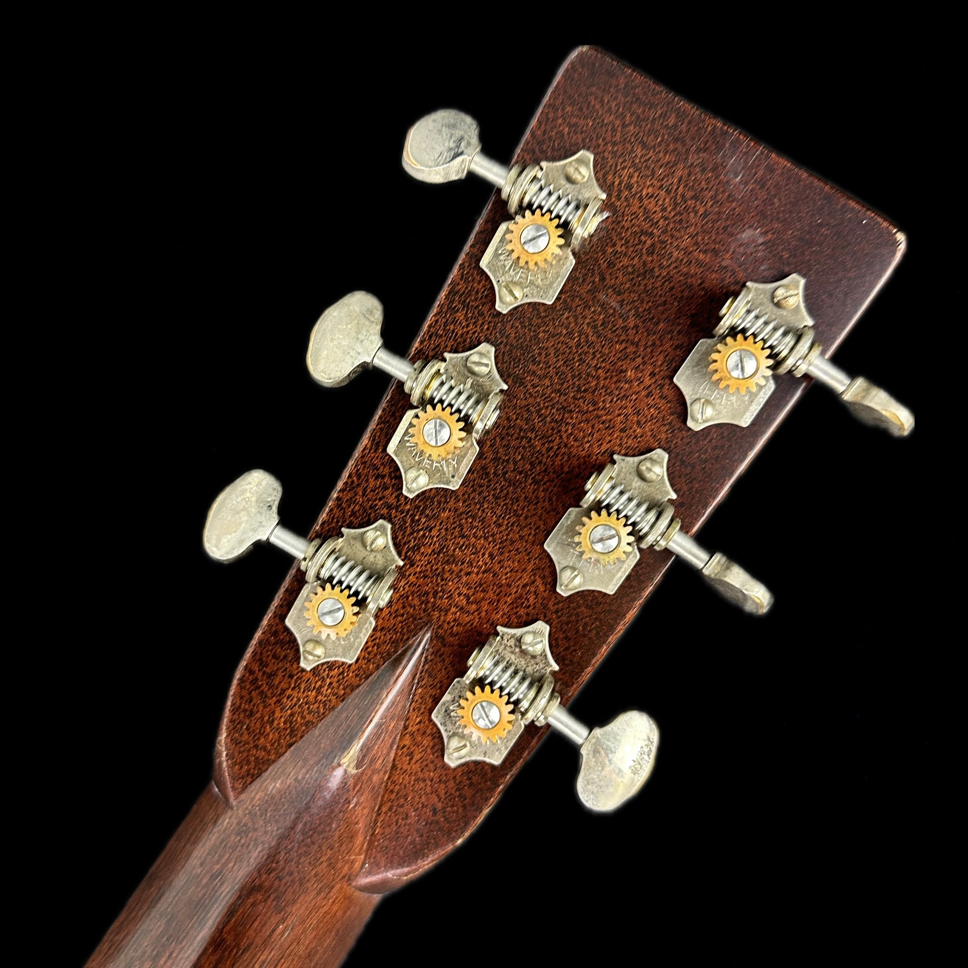 Back of headstock of Used Martin Custom Shop 000-28 Authentic 1937 Stage 1 Aging Ambertone Burst.